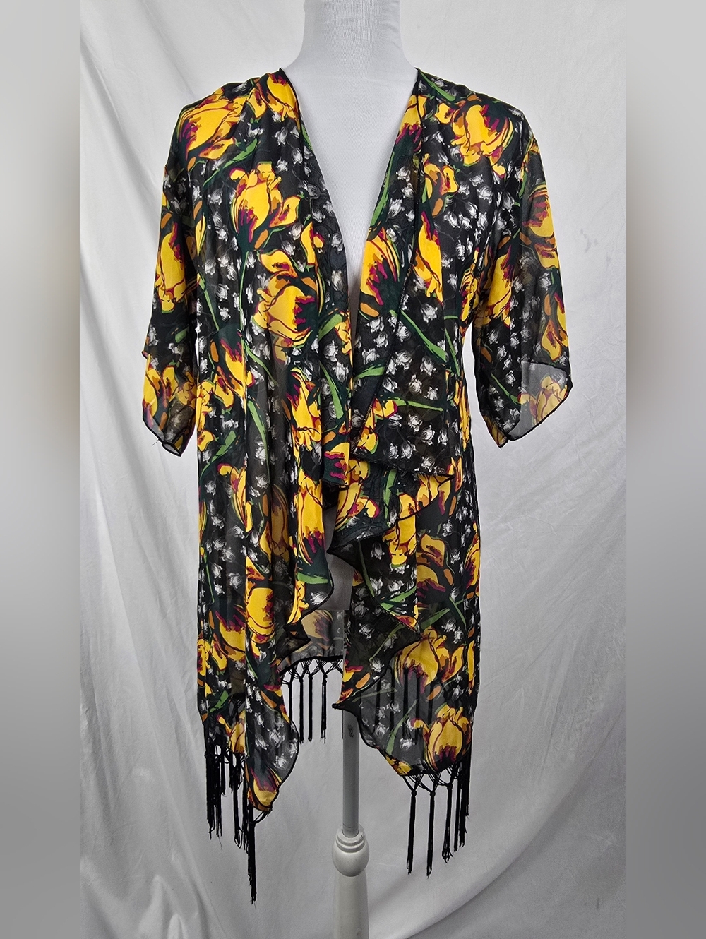 LuLaRoe Monroe Kimono Fringe Cover-Up Yellow/Black Floral Sheer Relaxed sz S